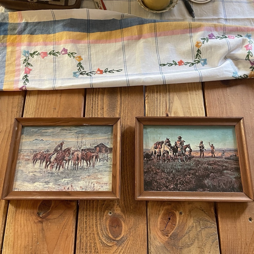Vintage Framed Western Cowboy Art Prints by Charles M Russell Set of 2 9"x7"